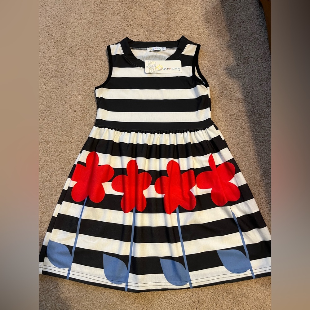 Sunshine swing black and white striped tank dress with red flowers. Size 7. NWT.